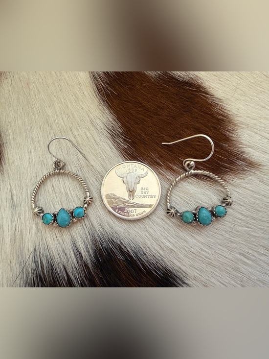 Kingman Turquoise Hoop Earrings – Wampum Sugar Hollow Pond ❤️ Kingman Turquoise 3 Stone Matte Sterling Silver Rope Hoop Earrings 1.50”L